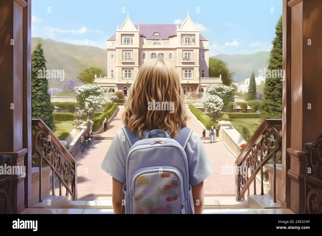 A girl with a backpack standing in front of a school building, rear ...