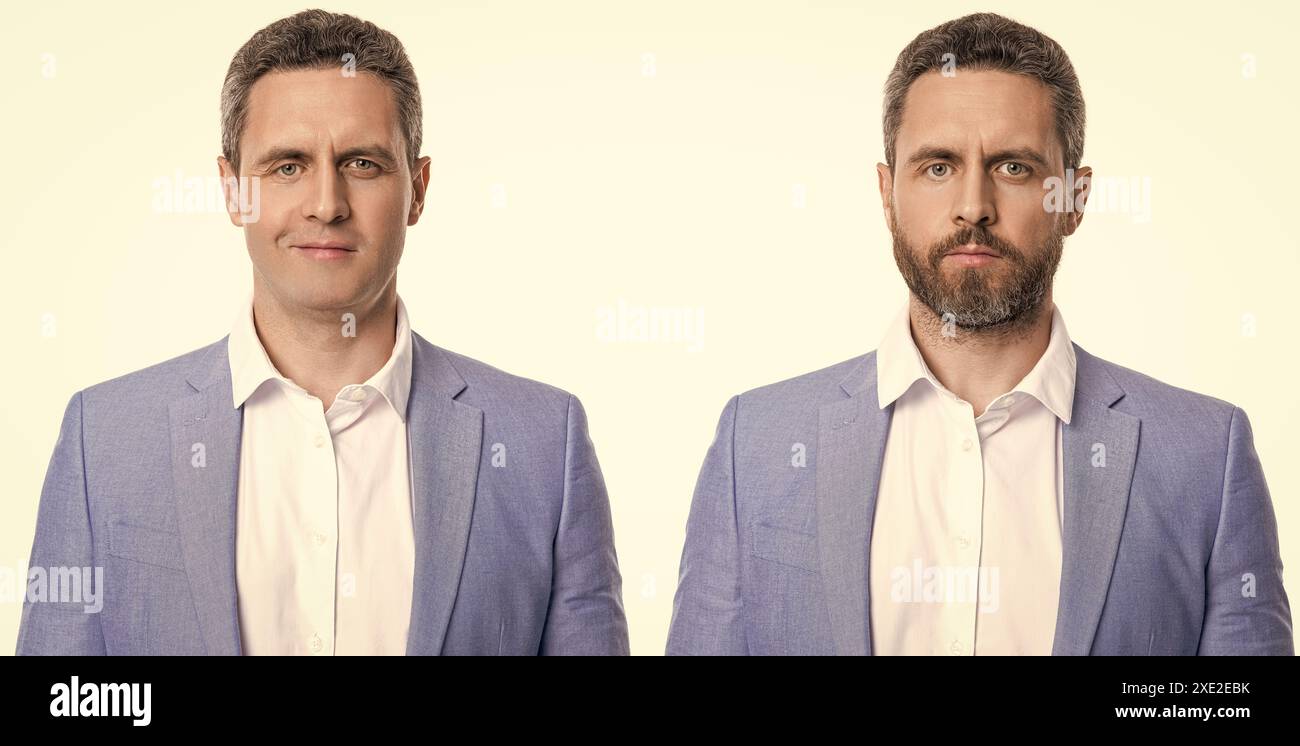 man face stubble collage before and after on background. before and ...