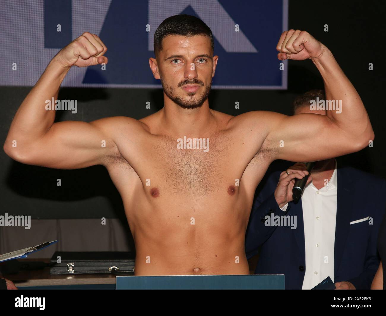 Boxer Ardian Krasniqi (Rottweil, Germany) from the Magdeburg boxing stable Fides Sports at the official weigh-in for THE SHOW MU Stock Photo