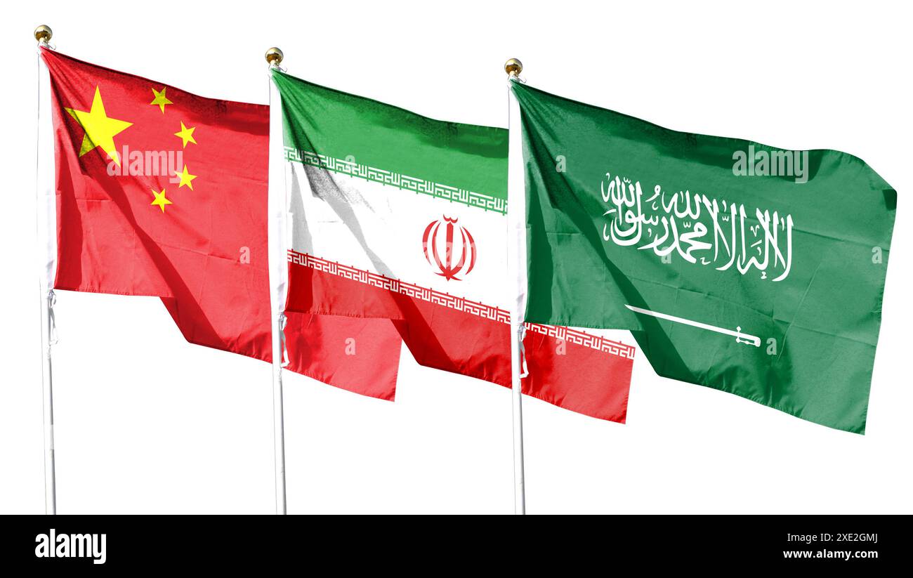 China flag with saudi arabia flag and iran flag on cloudy sky. waving in the sky Stock Photo