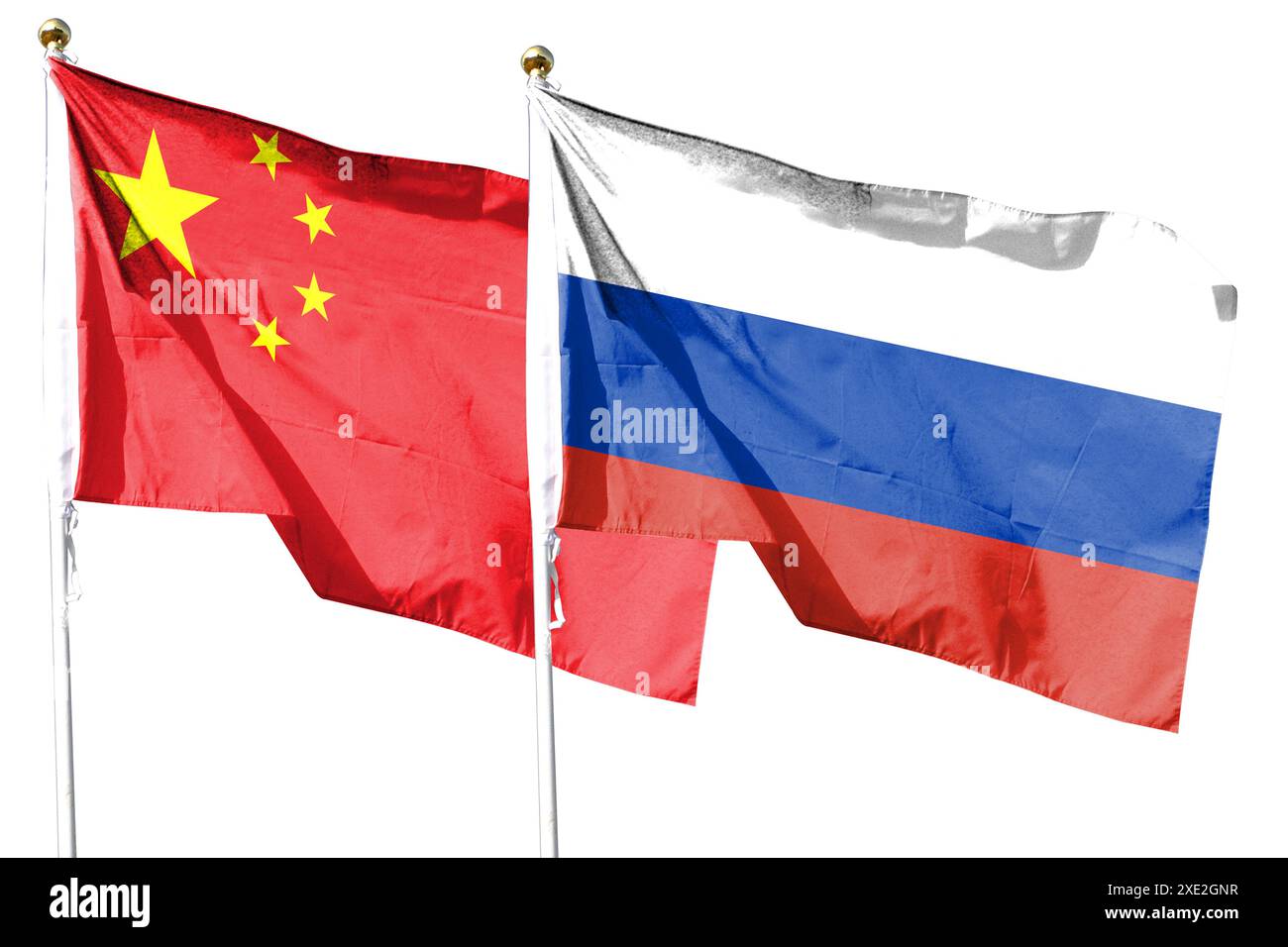 Russian flag and Chinese flag on the cloudy sky. Wave in the sky Stock Photo