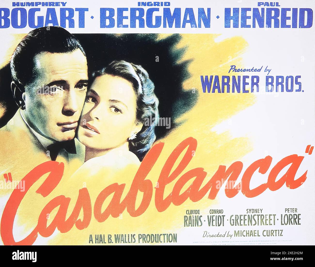 Viersen, Germany - May 9. 2024: Official Cinema film poster from classic movie Casablanca with Humphrey Bogart and Ingrid Bergmann from 1943 (focus on Stock Photo