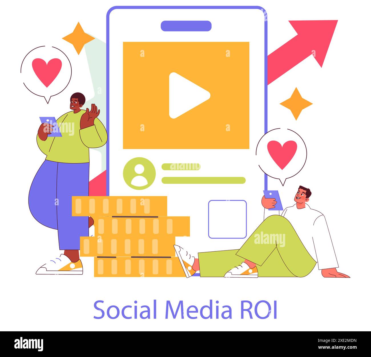 Social Media ROI concept. Users engaging with content as metrics and ...