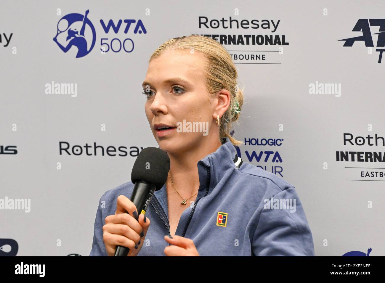 Eastbourne, UK. 25th June, 2024. Katie BOULTER during her post match media interview following