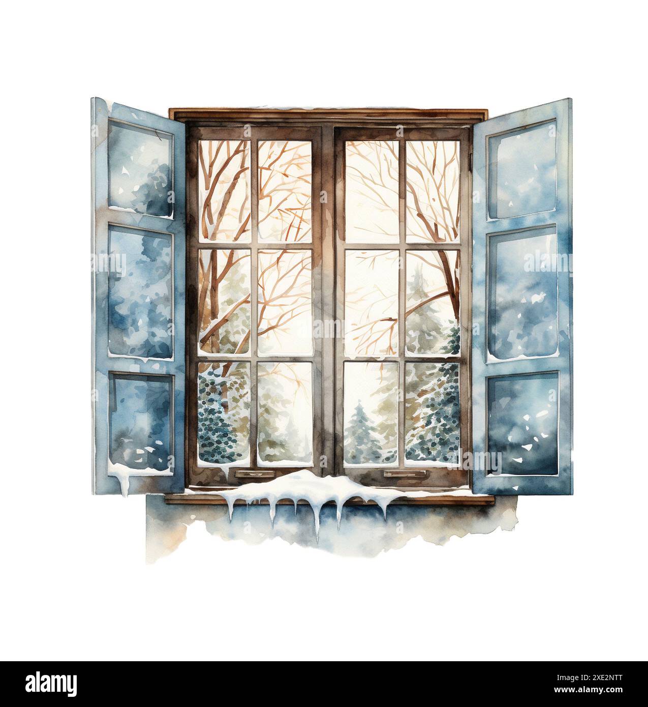 Window Frond View Christmas winter window front view. Watercolor winter landscape ...