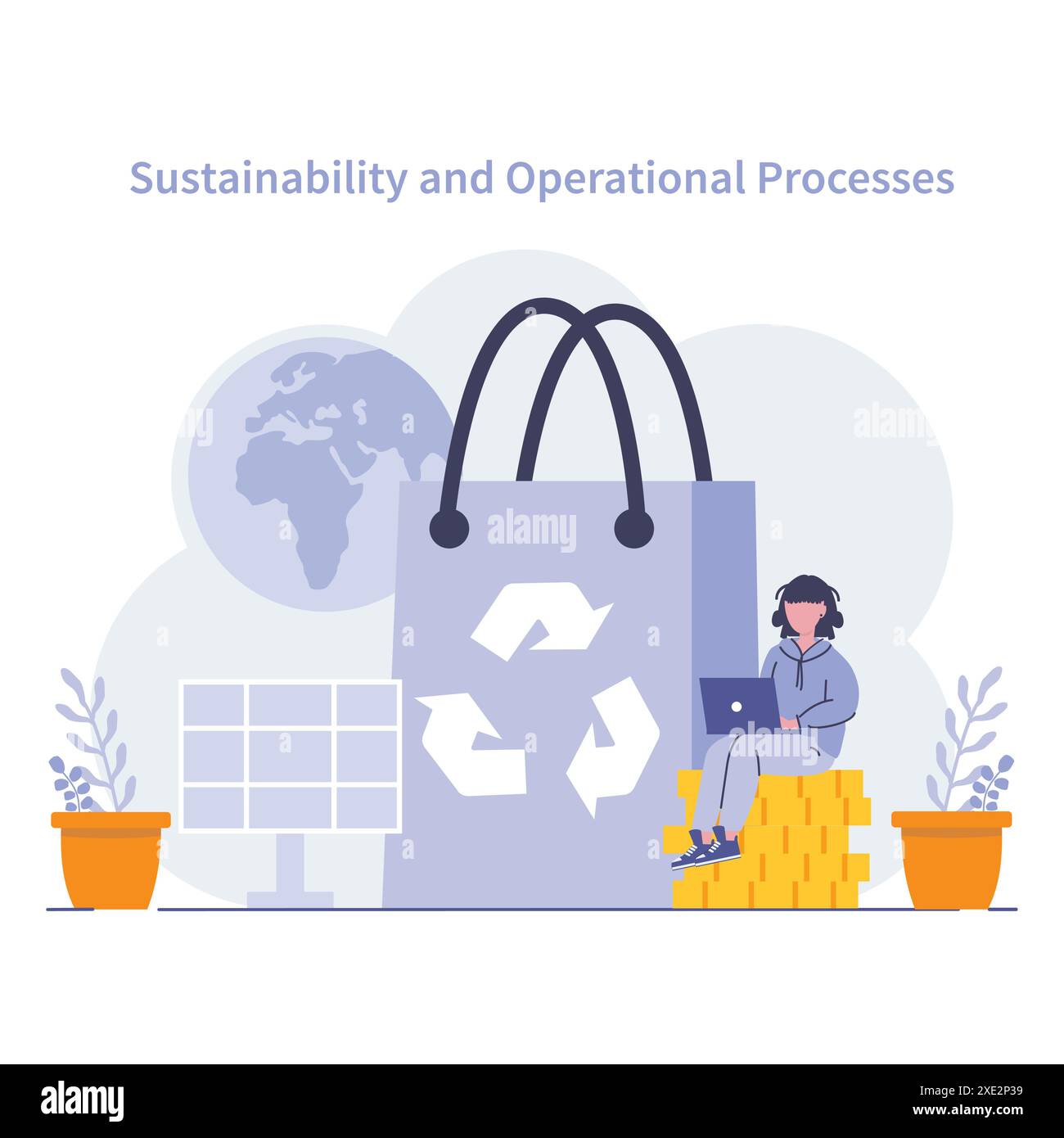 Sustainability and operational processes concept. Integration of environmental strategies into business. Embracing green energy and recycling for a better future. Vector illustration. Stock Vector