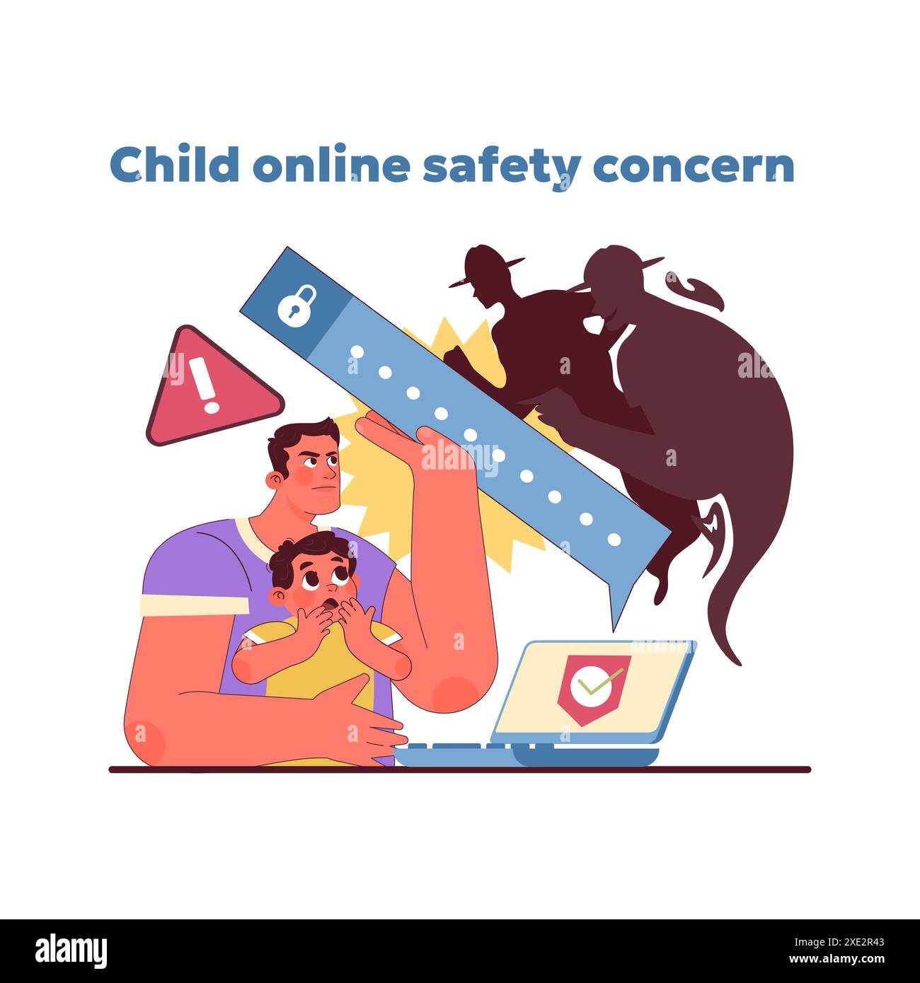 Child online safety concern concept. Father shields son from cyber ...