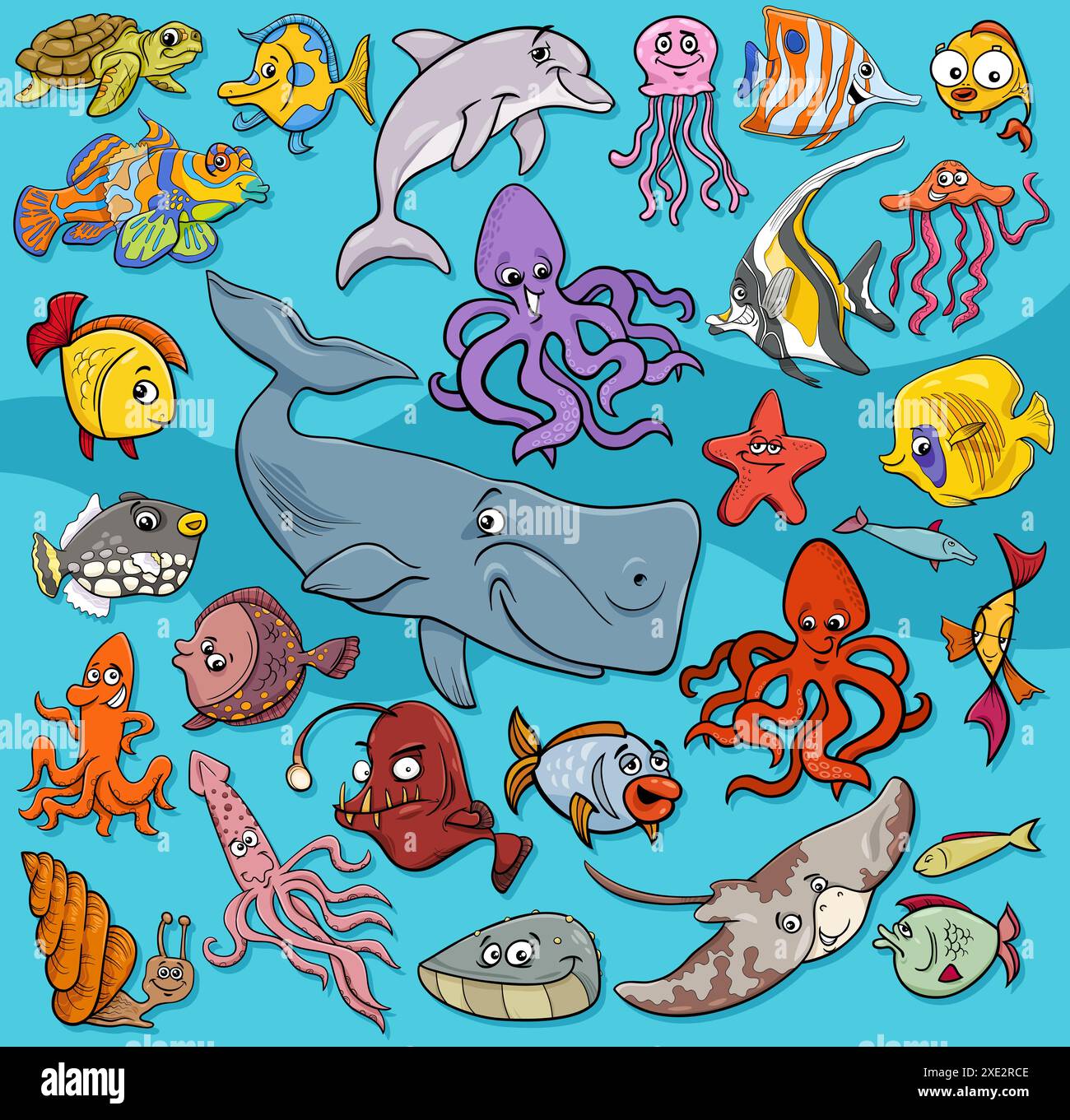 Cartoon fish and marine animal characters group Stock Photo