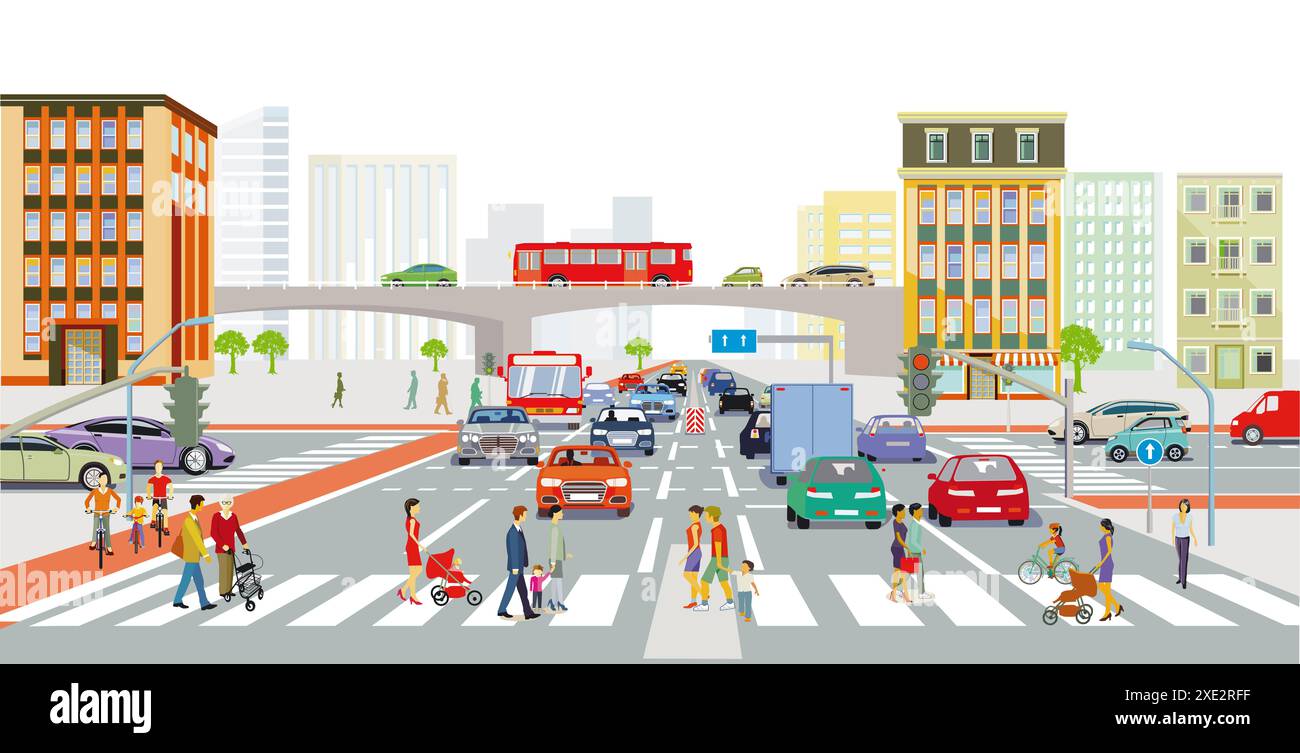 Road traffic with pedestrians and crosswalk, illustration Stock Photo ...