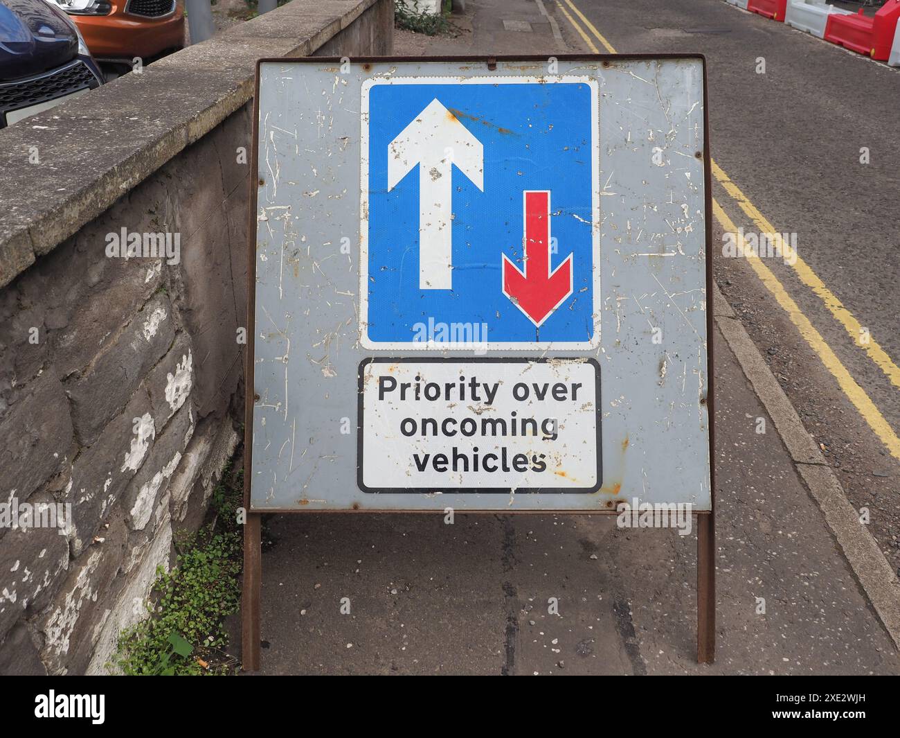Warning signs, two way traffic sign, priority over vehicles Stock Photo Alamy