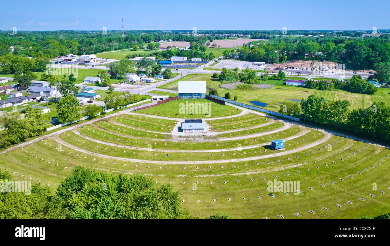 aerial-view-of-historic-drive-in-theater-in-small-town-america-stock