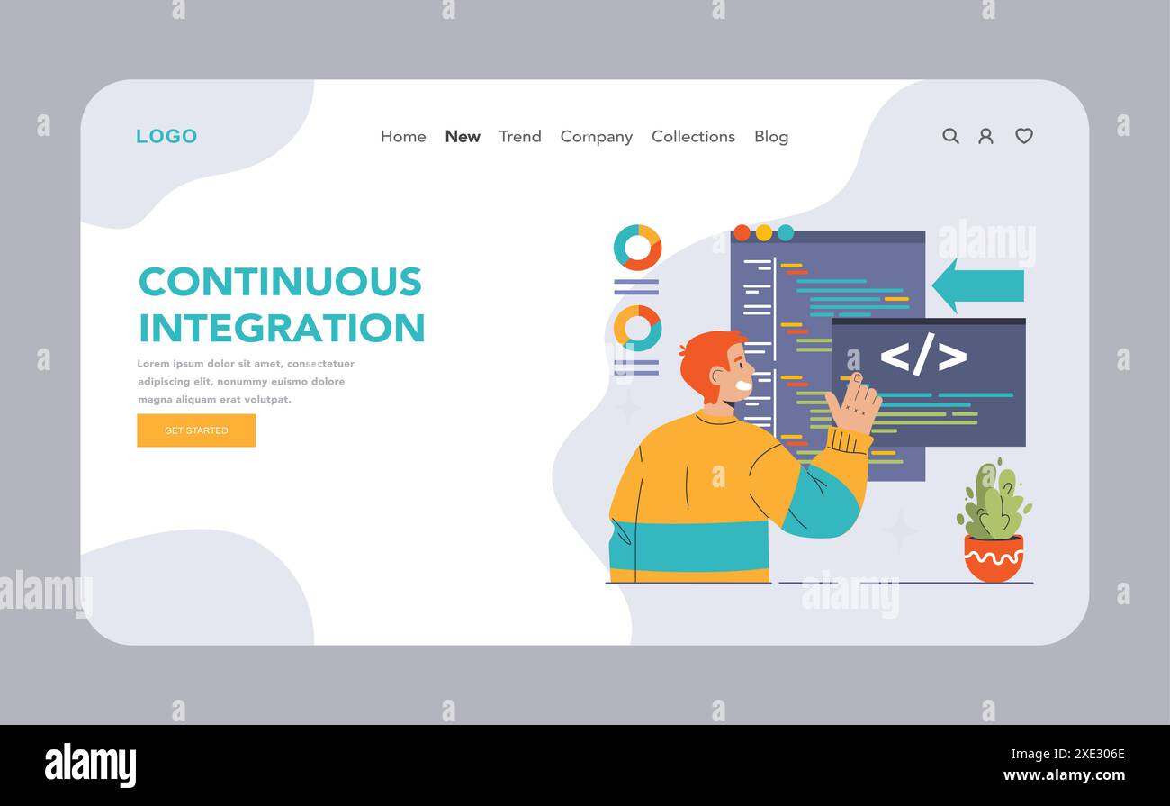 DevOps web banner or landing page. Software development methodology. Software development and it operations life cycle, IT service integration and automation. Flat vector illustration Stock Vector