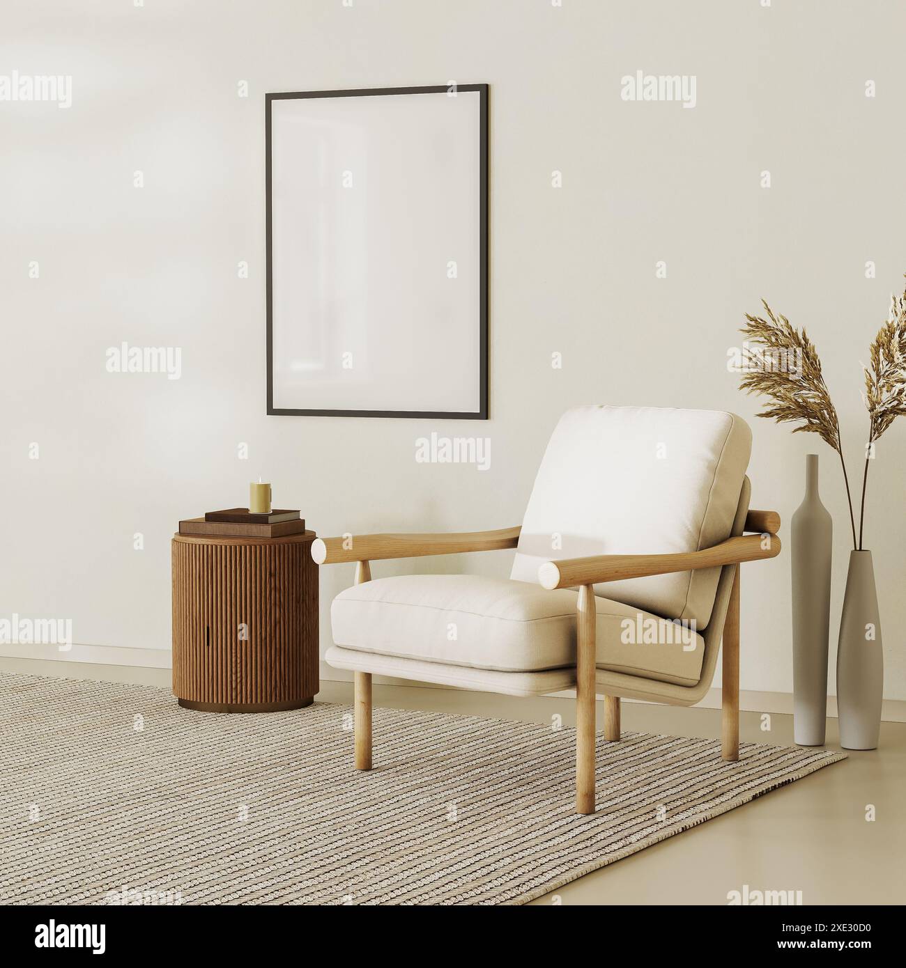 Poster picture blank frame in modern home interior, reading nook, beige tones, modern design armchair and furniture, 3d render Stock Photo
