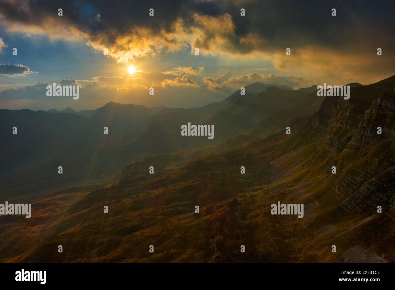 Spectacular sunset on mountain valley Stock Photo