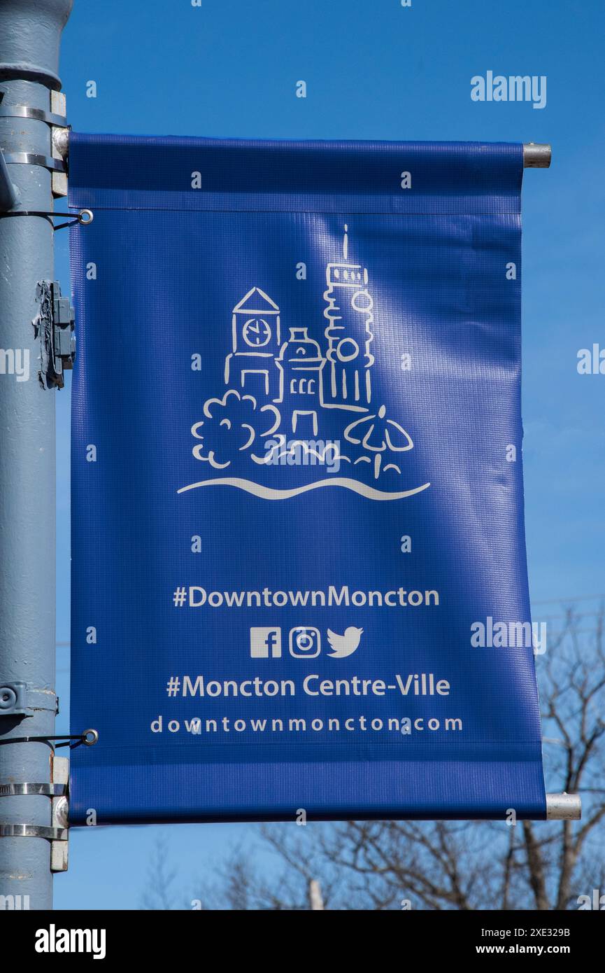 Downtown Moncton blue banner on Main Street in New Brunswick, Canada Stock Photo