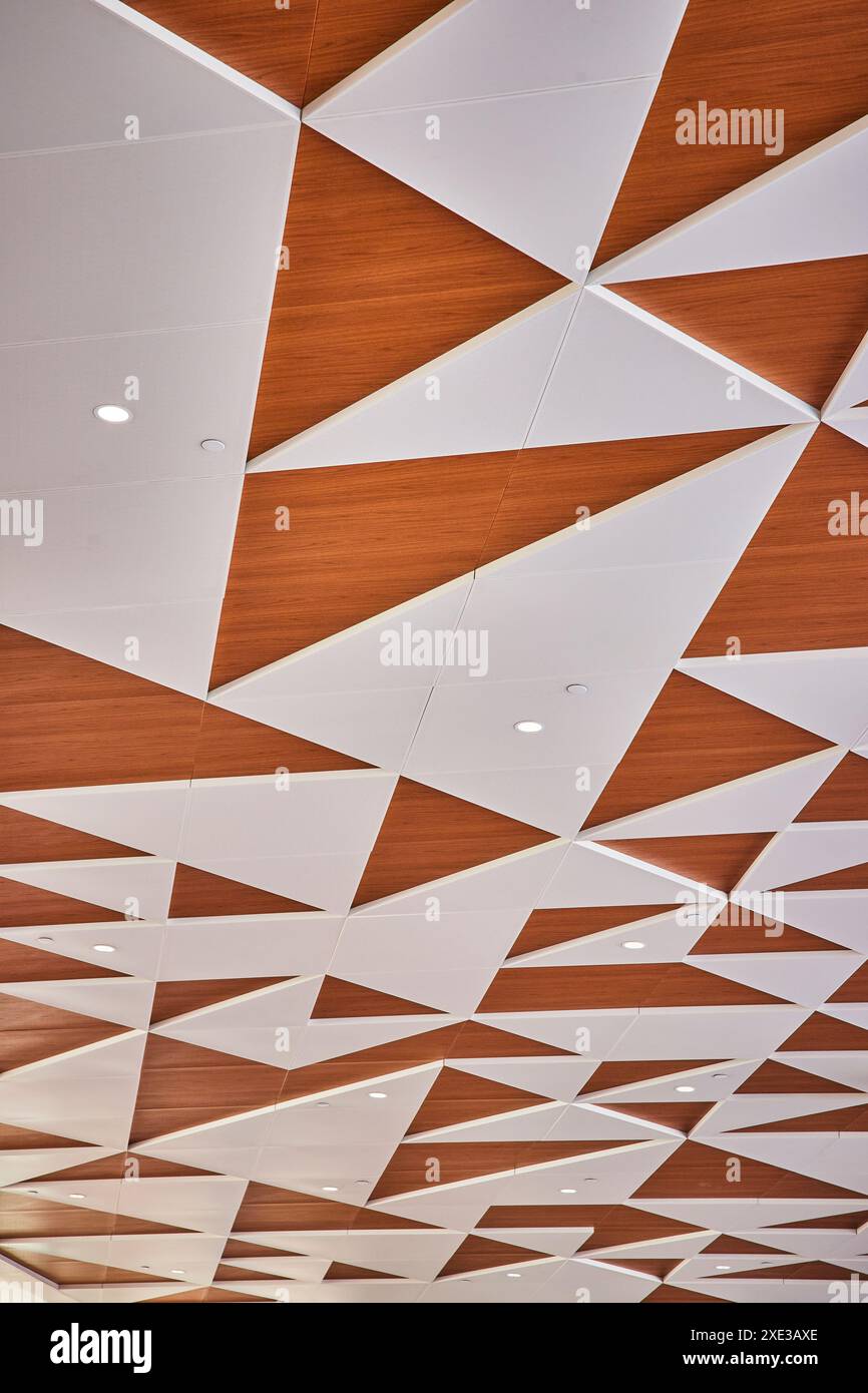 Geometric Ceiling Design with Recessed Lighting from Below Perspective ...