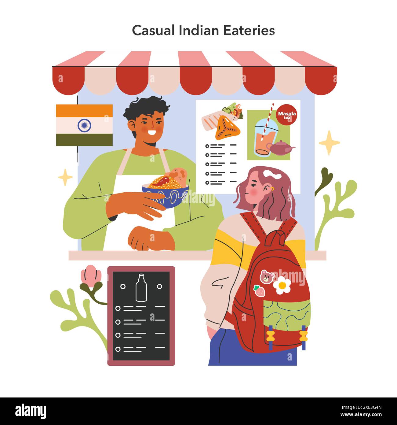 Indian Cuisine concept. Vibrant food stall scene with a happy vendor 