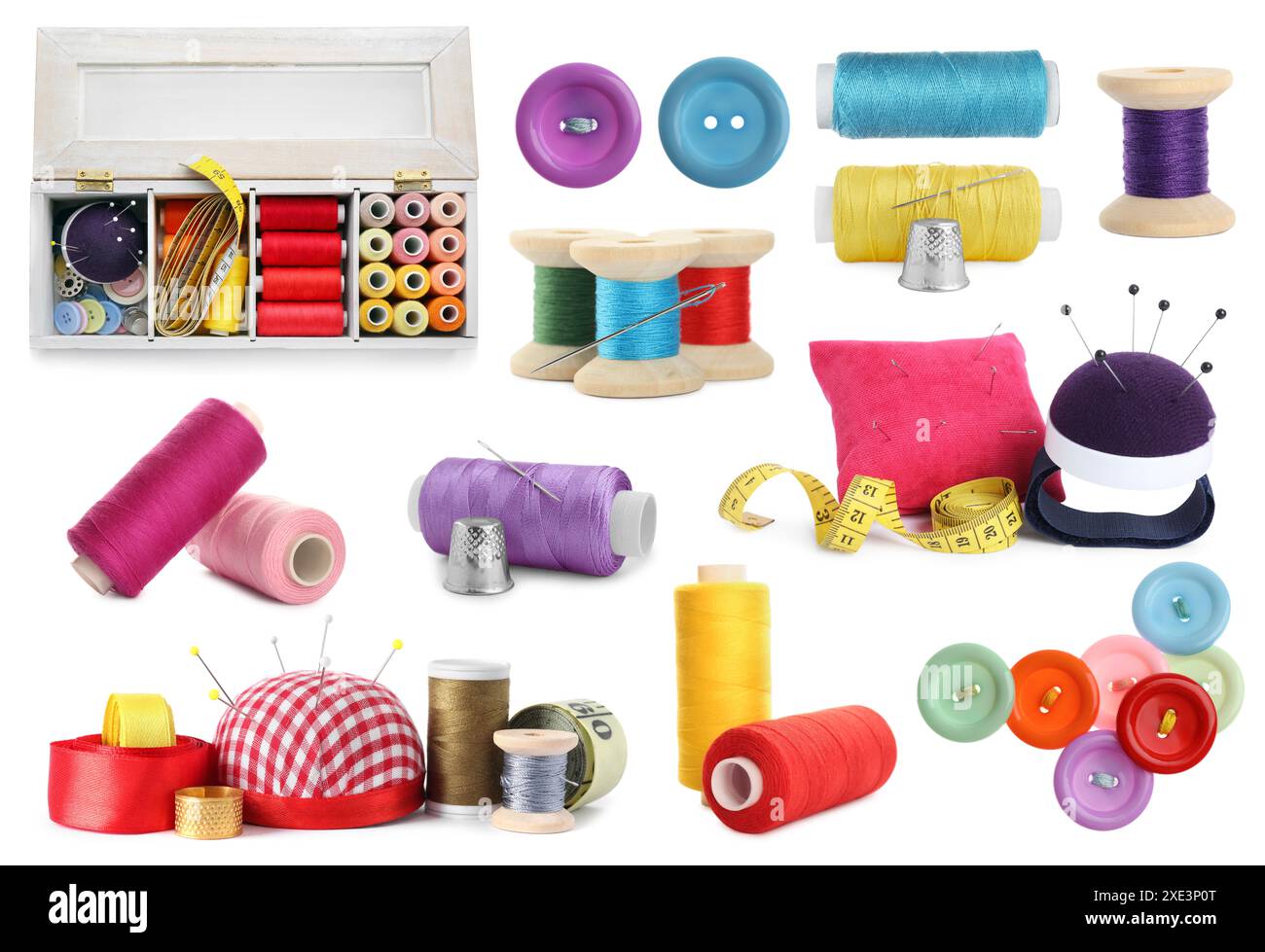 Set with different sewing stuff isolated on white Stock Photo