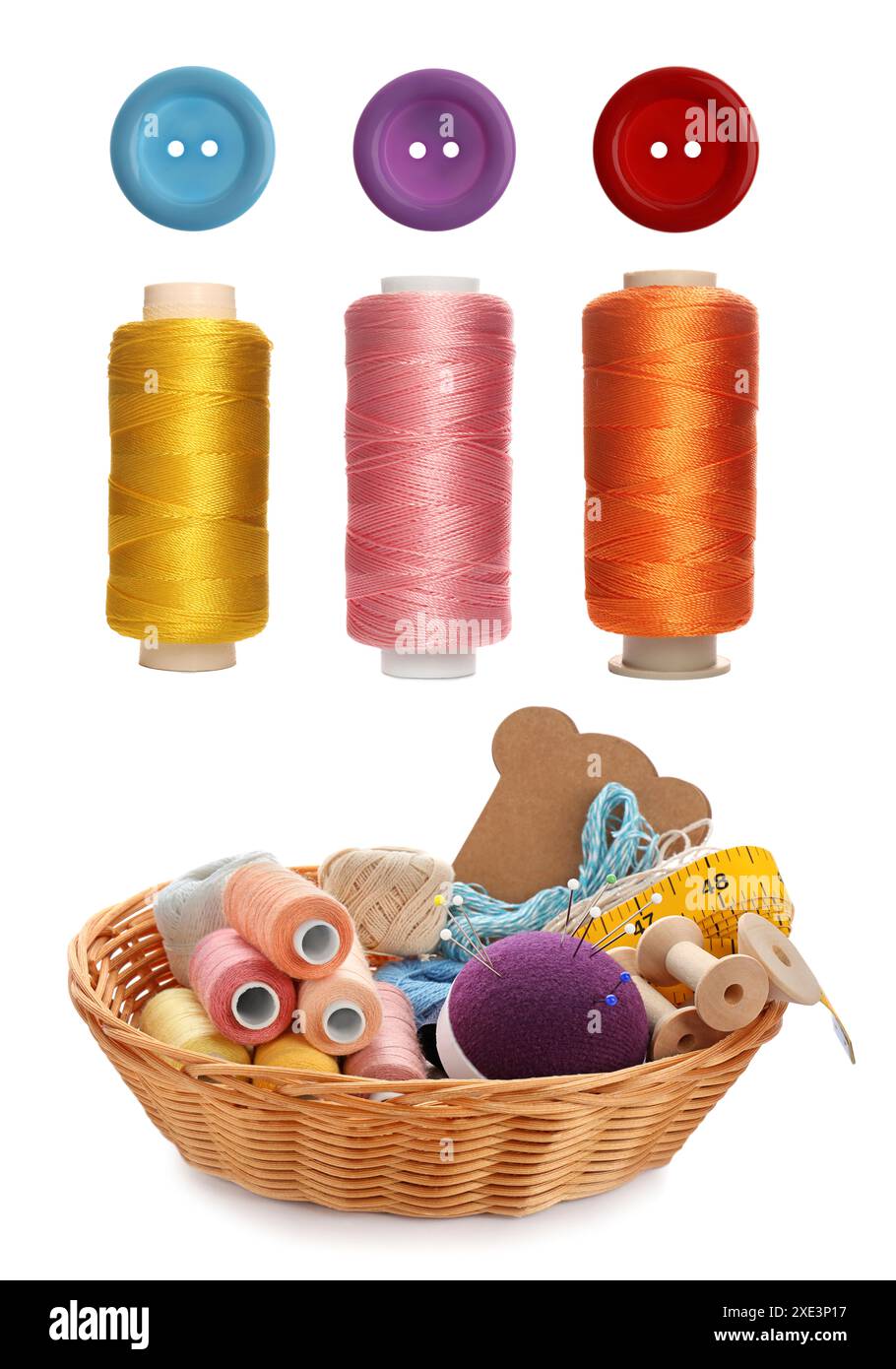 Buttons, threads and wicker basket with different sewing stuff isolated on white Stock Photo