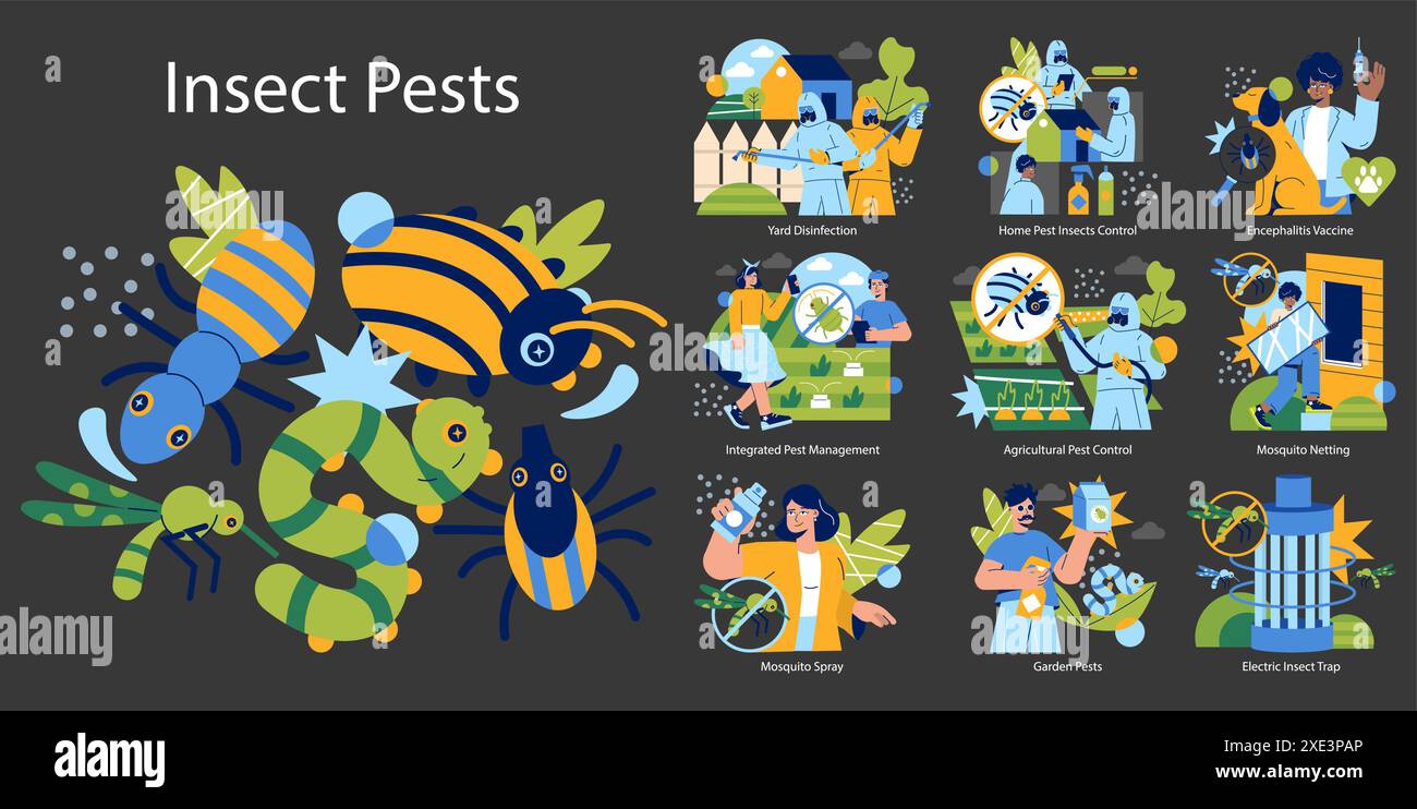 Insect Pests concept. Illustration of various pest control methods for ...