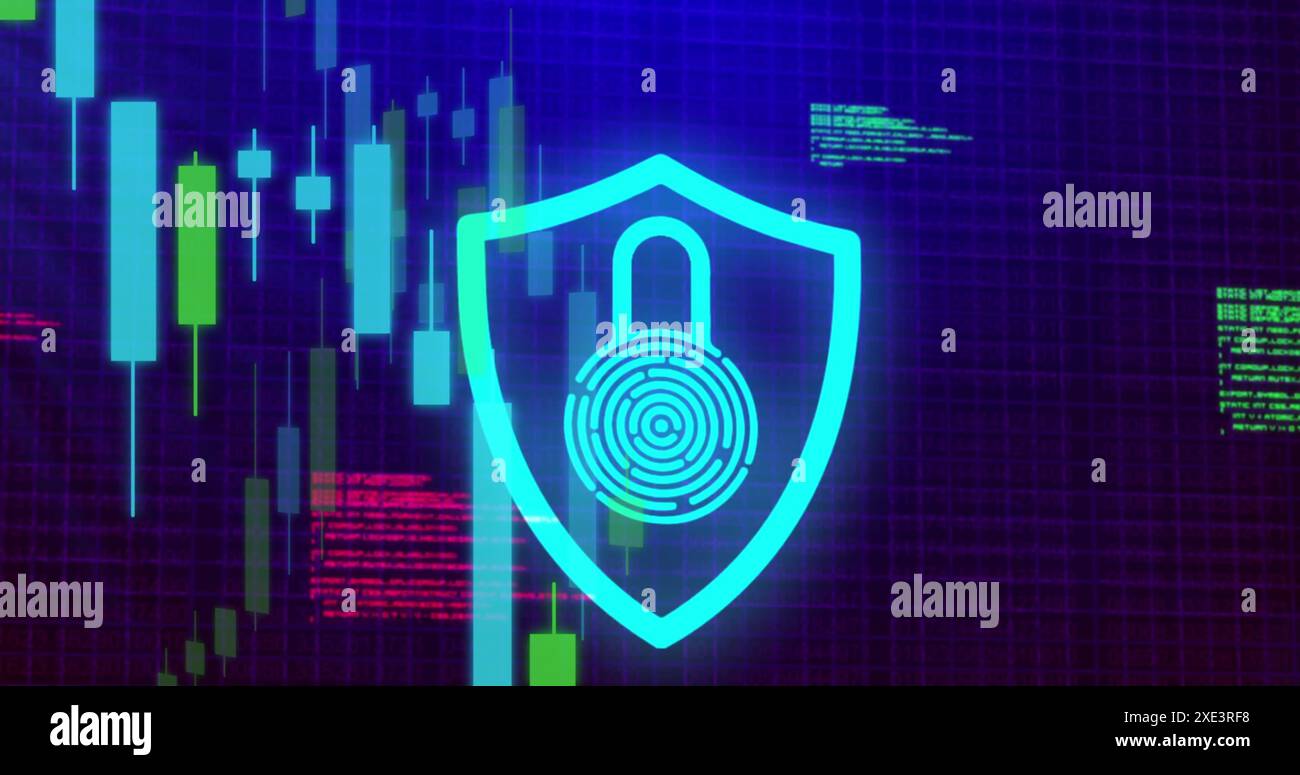 Image of padlock icon over data processing on blue background Stock Photo