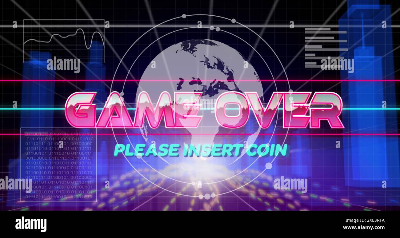 Image of game over text over vibrant neon lines and globe Stock Photo ...