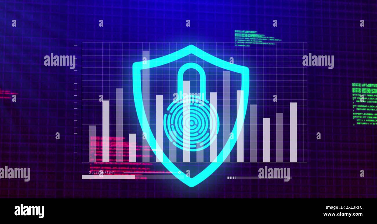 Image of padlock and financial data processing over blue background Stock Photo