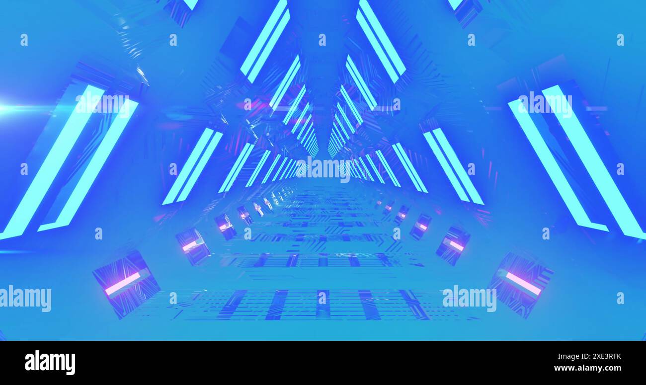 Image of neon lights in tunnel over blue background Stock Photo