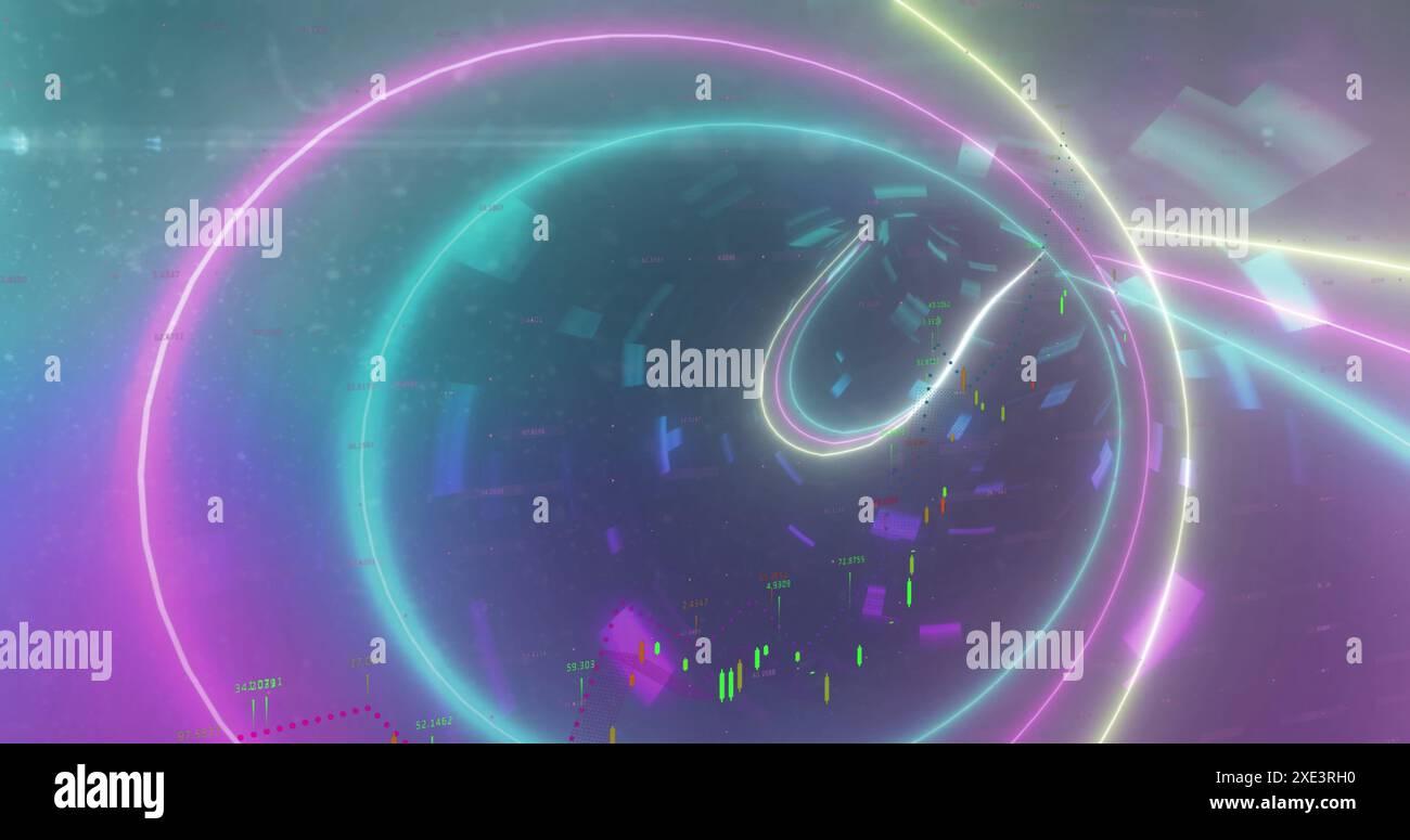 Image of financial data processing over neon tunnel in seamless pattern on gradient background Stock Photo