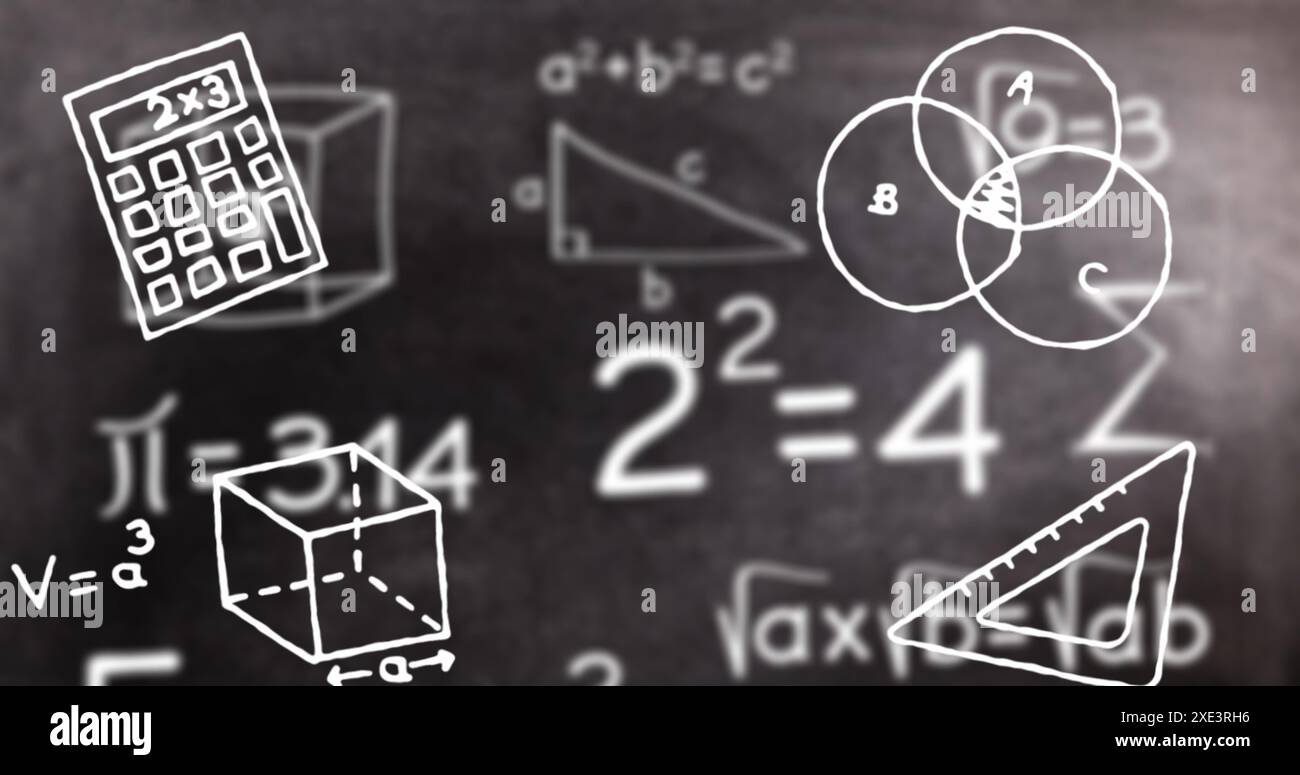 Image of mathematics concept icons over mathematical equations on black chalkboard background Stock Photo