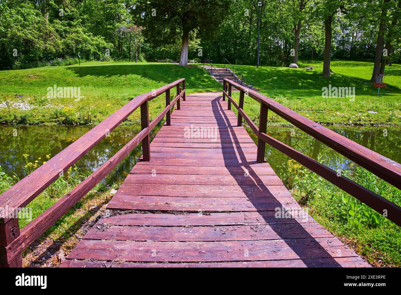 Wooden Bridge Over Tranquil Water in Lush Park at Eye Level Stock Photo ...