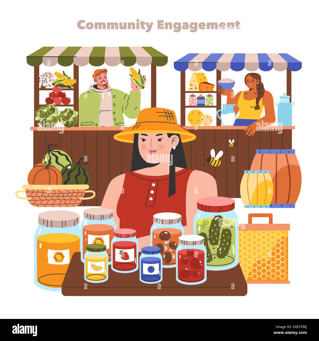 Farmers market scene with vendors selling fresh produce, homemade