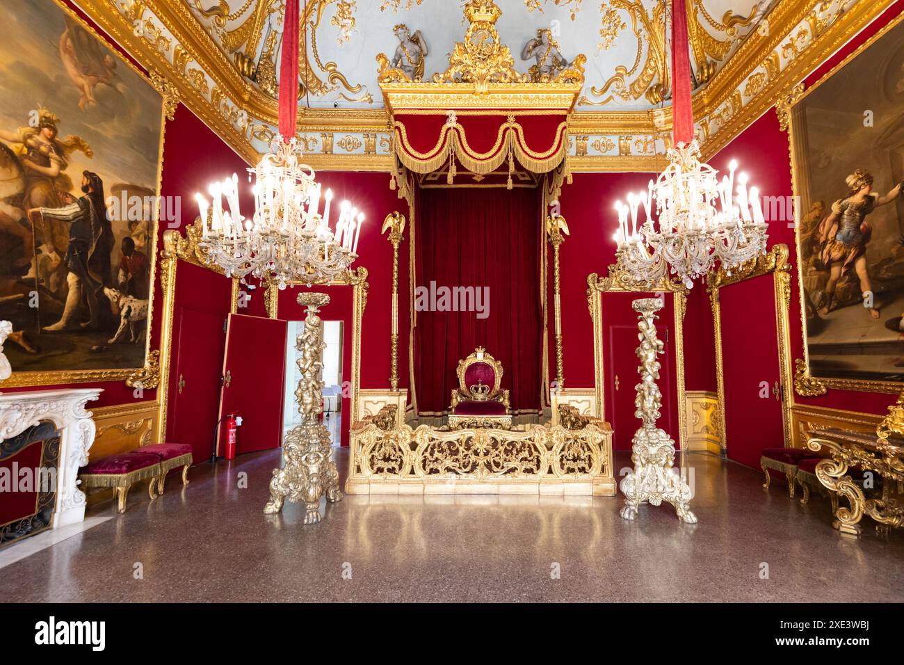 Genoa, Italy - Royal Palace, throne room interior, gold and red velvet ...
