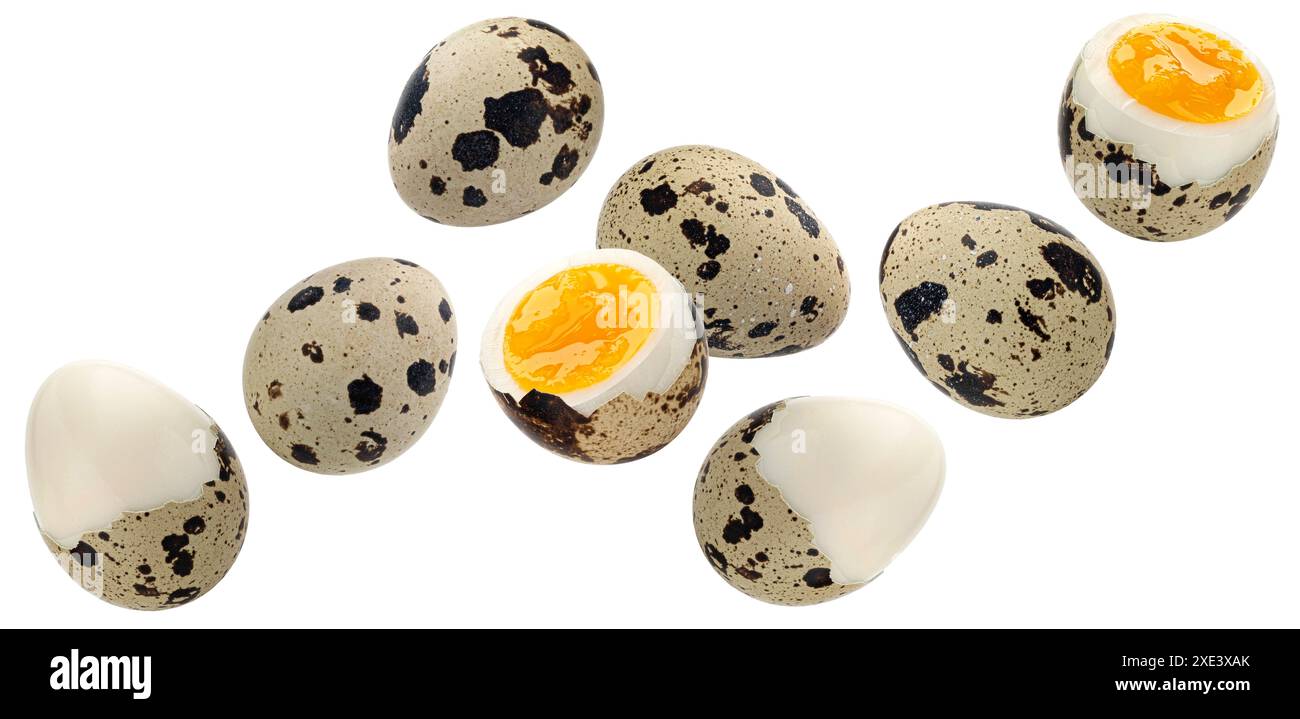 Falling quail eggs isolated on white background Stock Photo