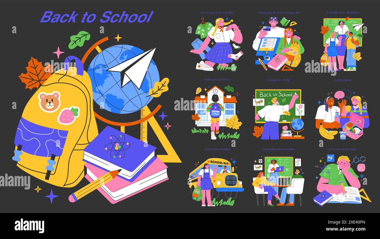 Back to School set. Colorful illustrations capturing the excitement of ...