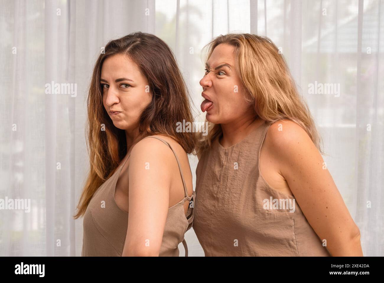 Adult sisters quarrel and stick out their tongues. Resentment in the family Stock Photo