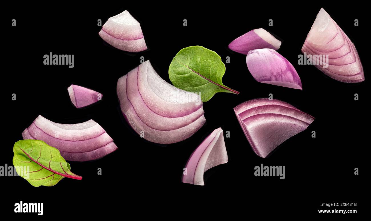 Sliced red onion isolated on black background Stock Photo