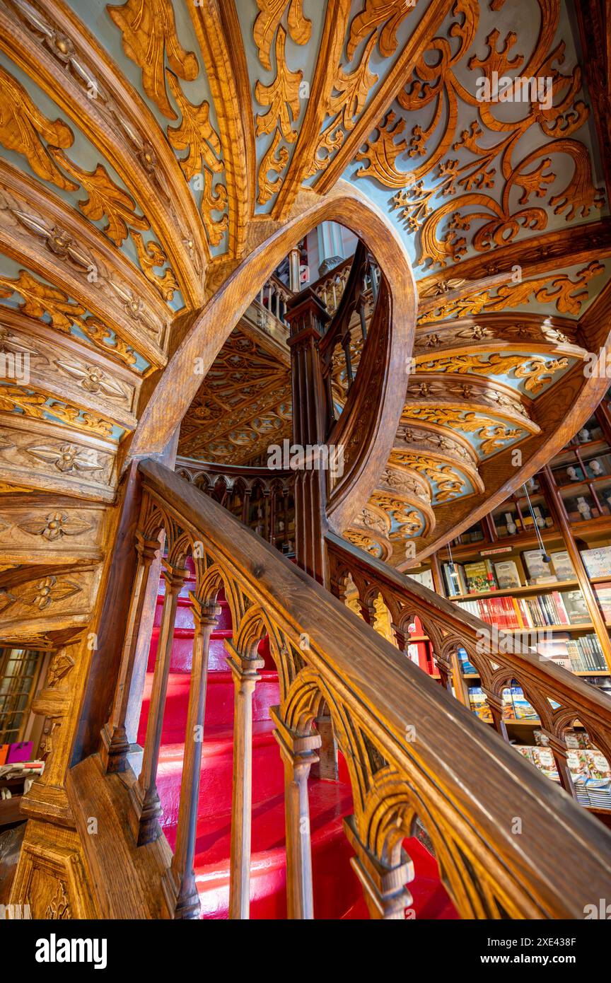 Porto, Portugal - February 7, 2023 : Interior of Lello Bookstore Livraria Lello one of the most beautiful bookstores in the worl Stock Photo