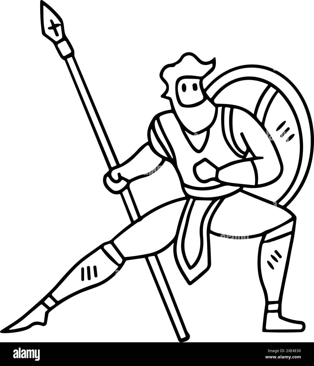 A man in a black outfit holding a spear and shield. He is standing with his legs apart and looking to the right Stock Vector