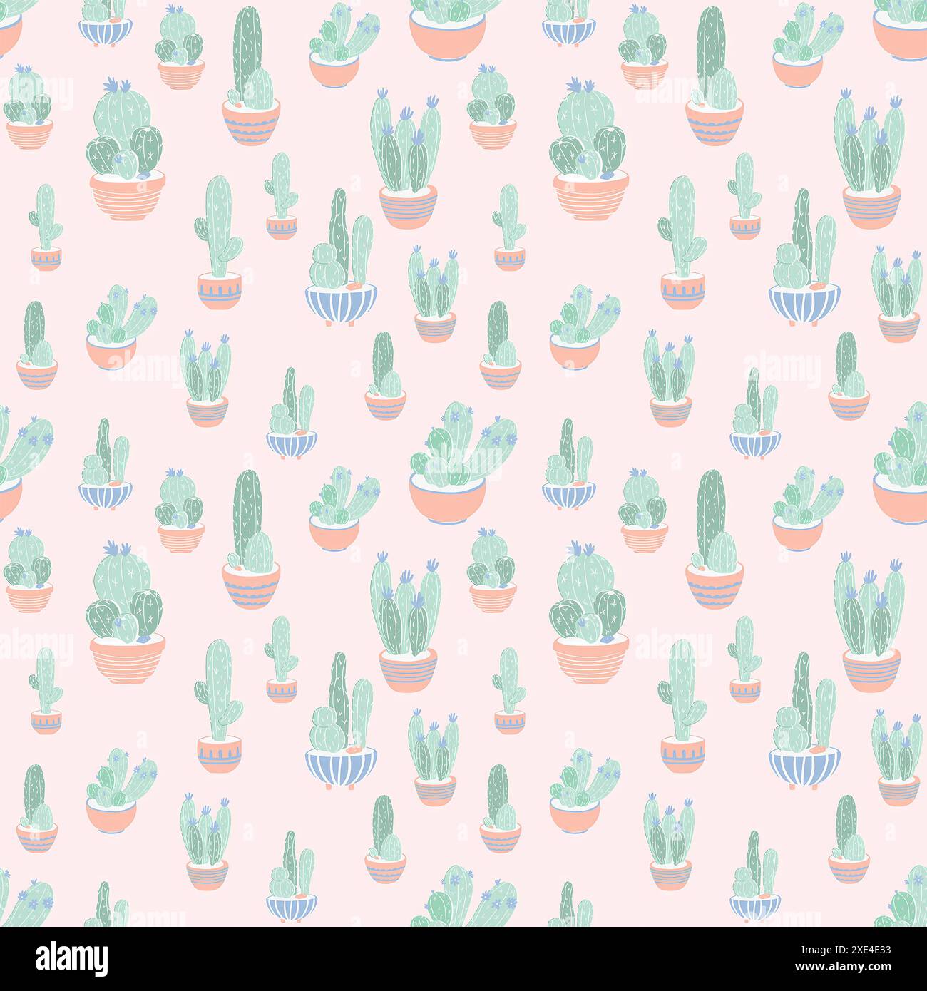 Seamless pastel cactus pattern, perfect for trendy textiles, fabrics, home decor, and digital backgrounds. This charming and whimsical design is ideal Stock Photo