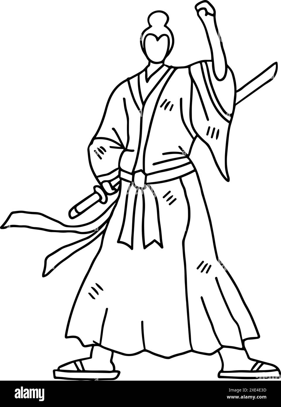 A man in a kimono is holding a sword. He is standing with his arms crossed and his head held high Stock Vector