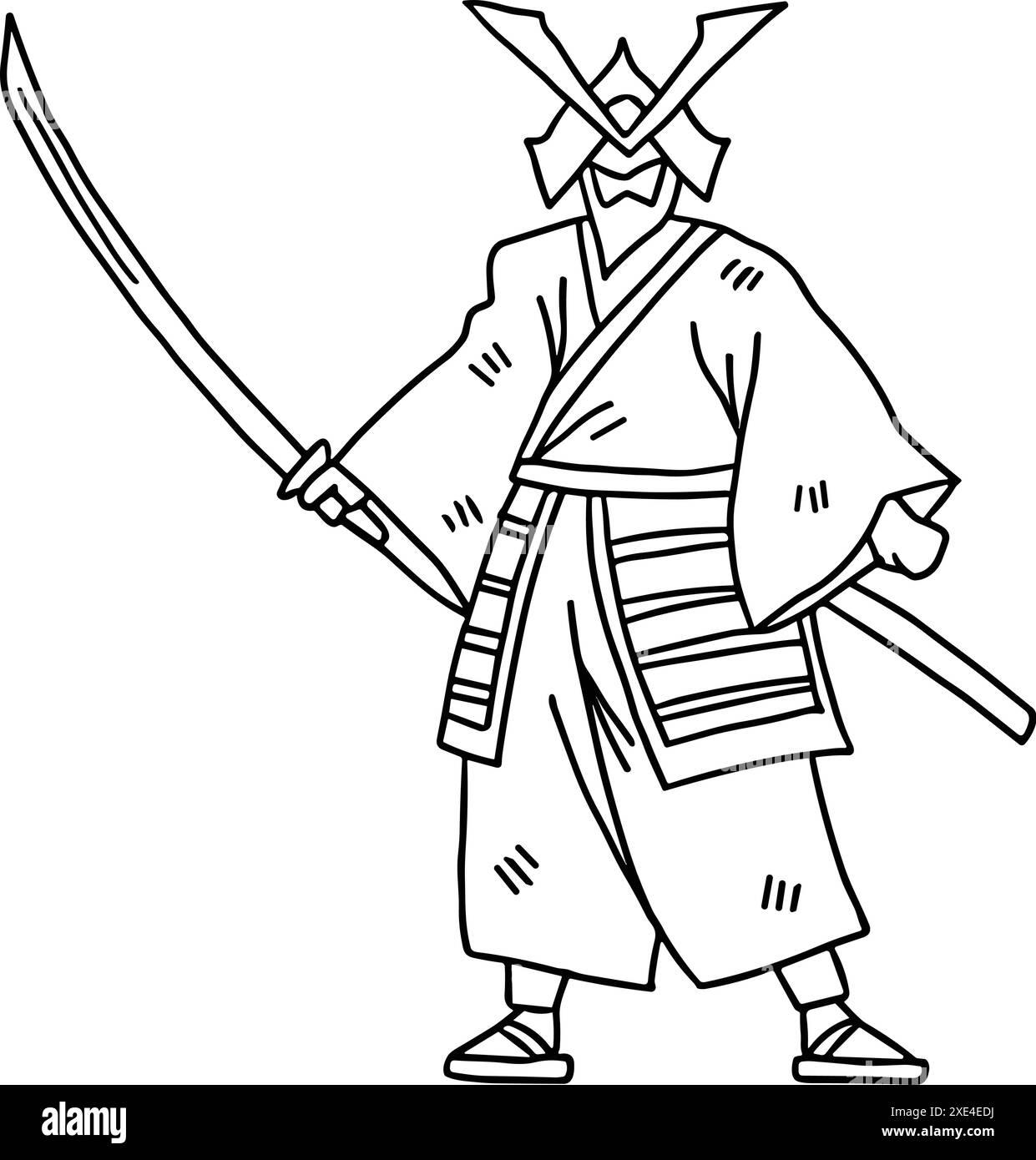 A man in a samurai costume holding a sword. The image is black and white. Scene is serious and focused Stock Vector