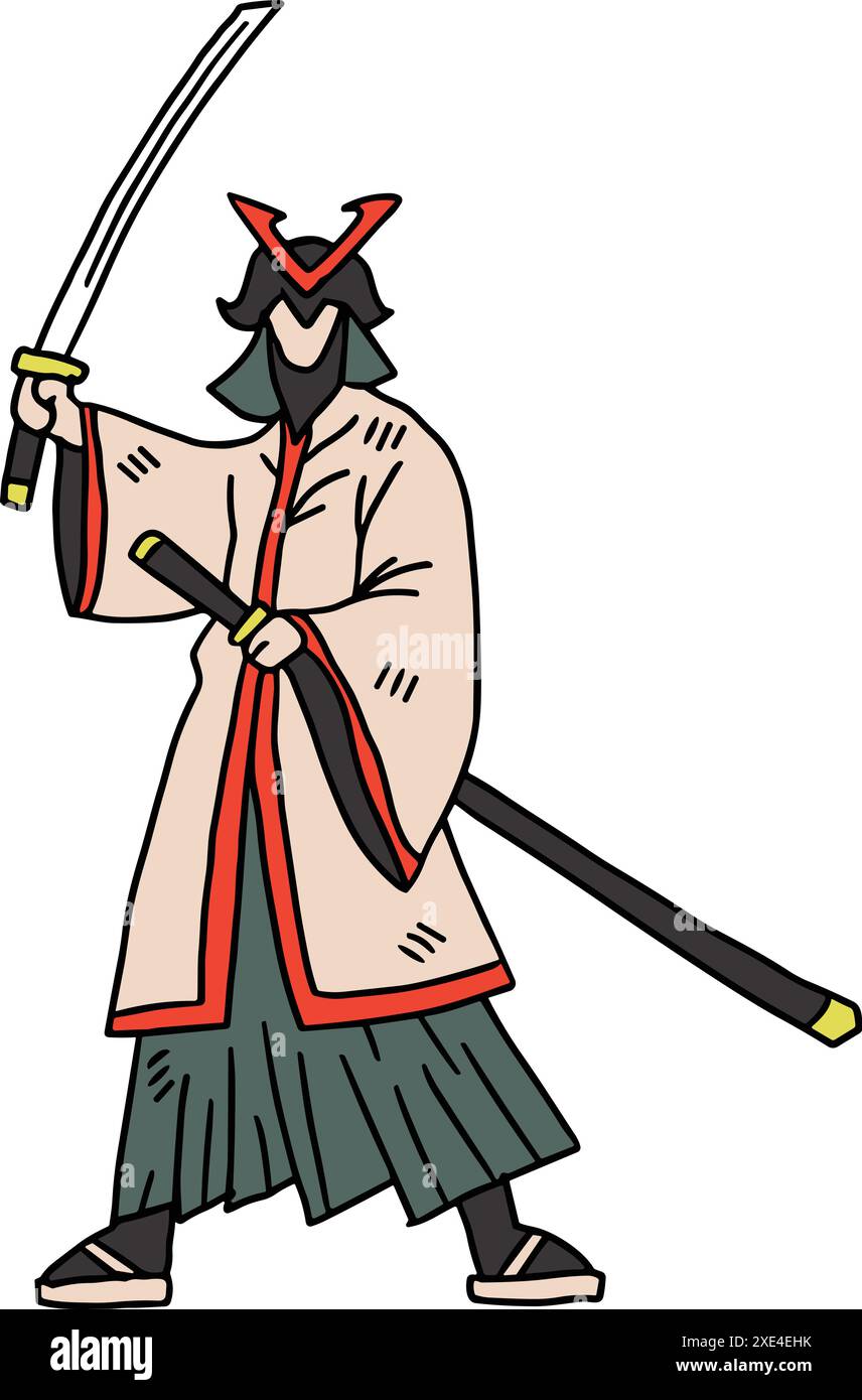 A man in a kimono is holding a sword. He is standing with his arms crossed and his head held high Stock Vector