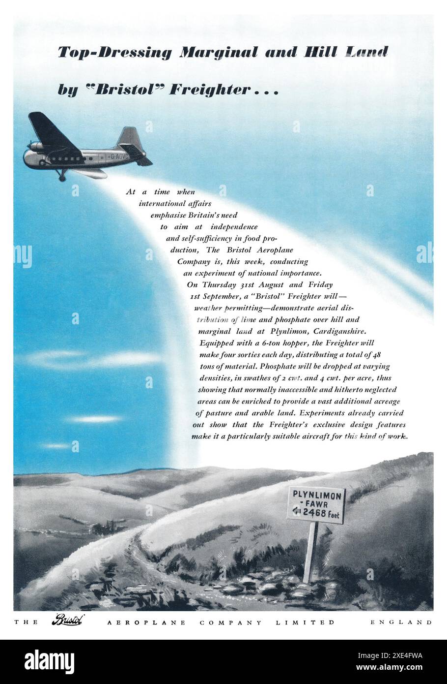 1950 British advertisement for The Bristol Type 170 Freighter aircraft. Stock Photo