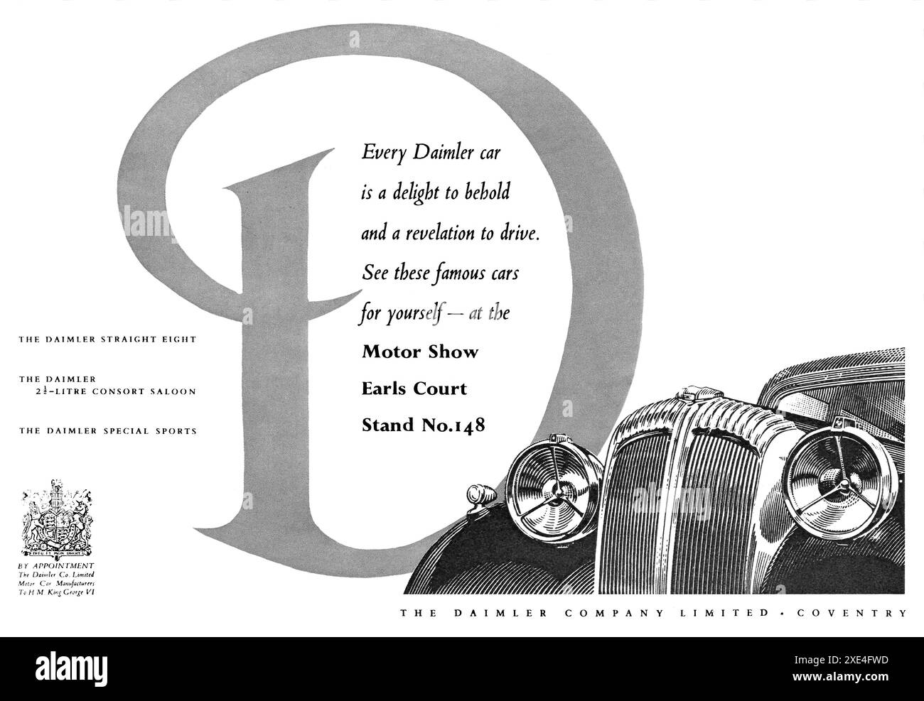 1950 British advertisement for Daimler cars at the Earls Court Motor Show. Stock Photo