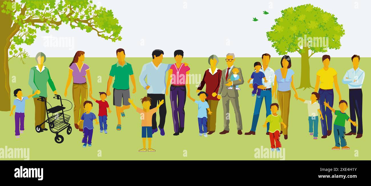 A large group of parents with children, illustration Stock Photo - Alamy