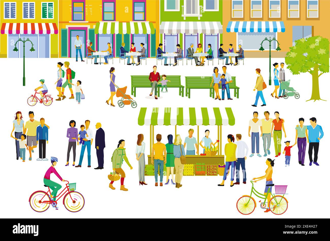 Leisure time with family in residential area, road traffic illustration Stock Photo