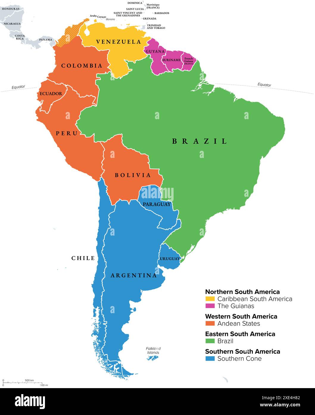 South America geographical regions, multi colored political map 