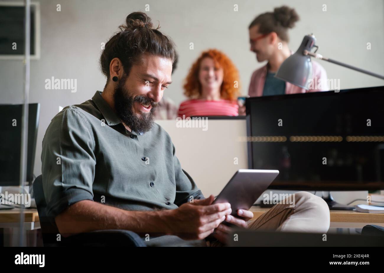 Software, coding and business woman on tablet thinking of data analytics, digital technology. Stock Photo