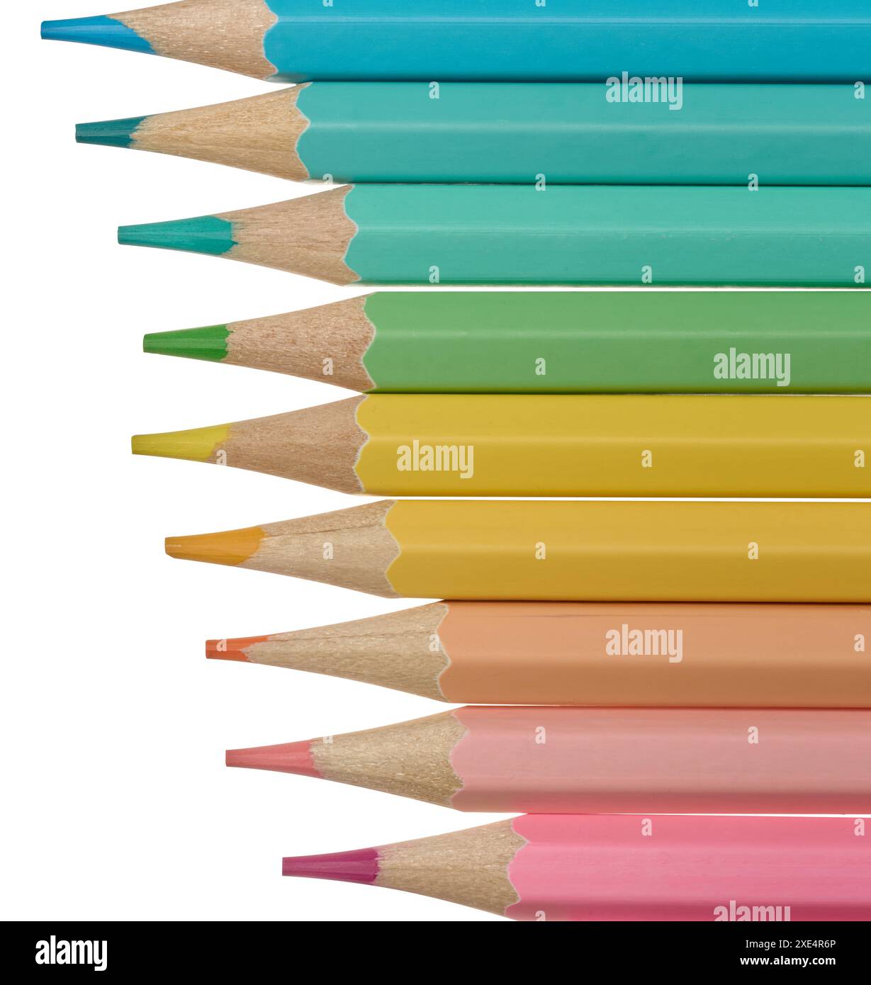 Multi-colored wooden pencils on a white background Stock Photo